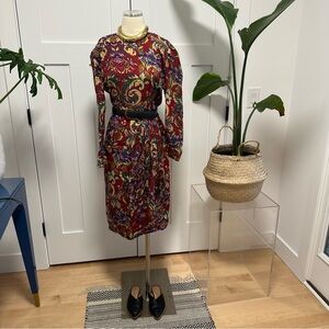 100% Silk Tetris Floral Print Long Sleeve Dress
